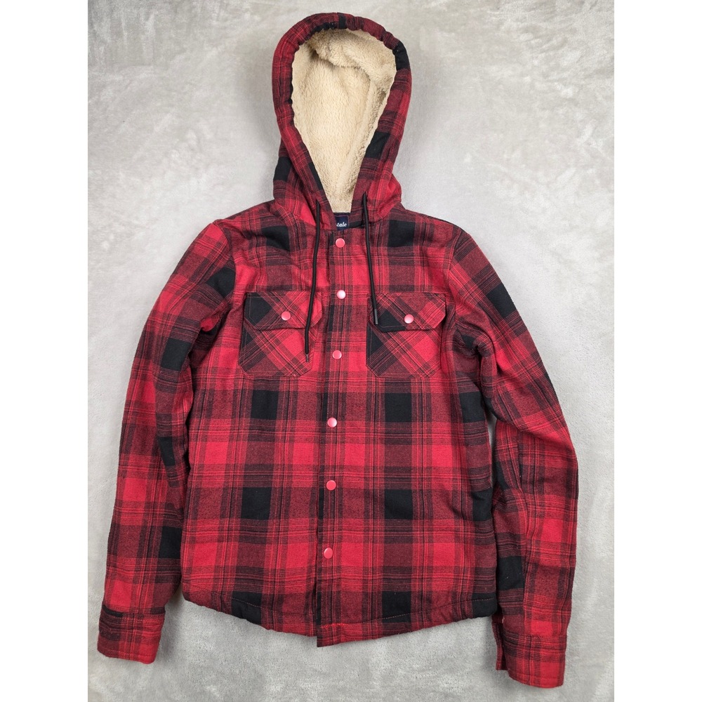 Aeropostale Flannel Shirt Jacket Mens Small Red Plaid Sherpa Lined Hooded Snap